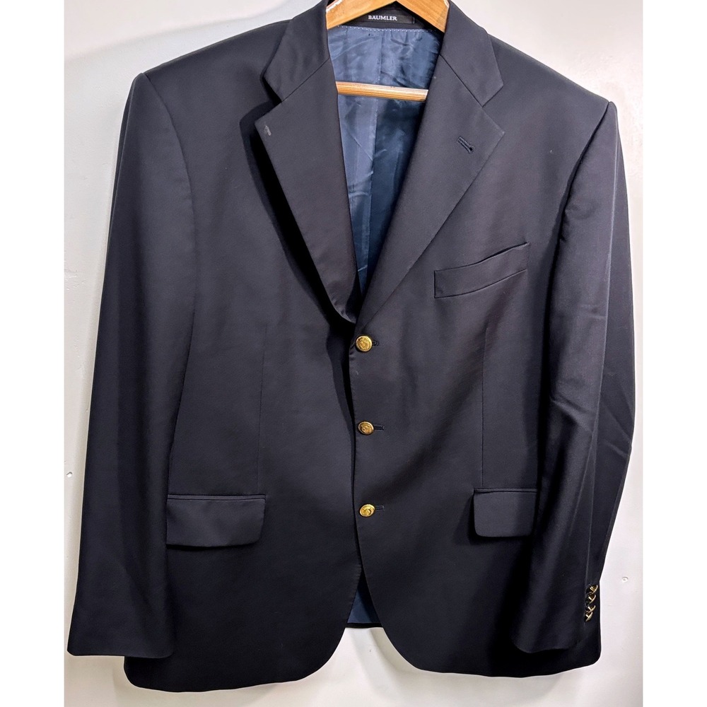 Baumler Mens Navy Blue Super 100s Wool Blazer Gold Crest Button Jacket Size 29